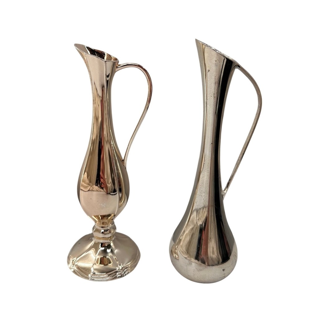 Vintage Bud Vase Pitcher Set Silver Gold Tone Mid Century Modern Farmhouse Decor
